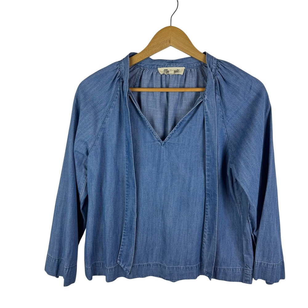 Madewell Denim-Blue V-Neck Peasant Top with Ties